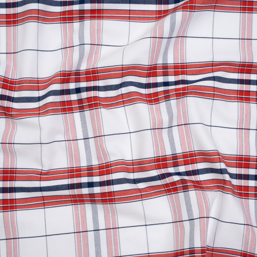Cotton Oxford Shirting - Navy Blue, Red and White Plaid - Deadstock