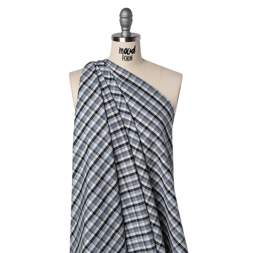Cotton Oxford Shirting - Midnight Blue, Country Blue and White Plaid - Deadstock