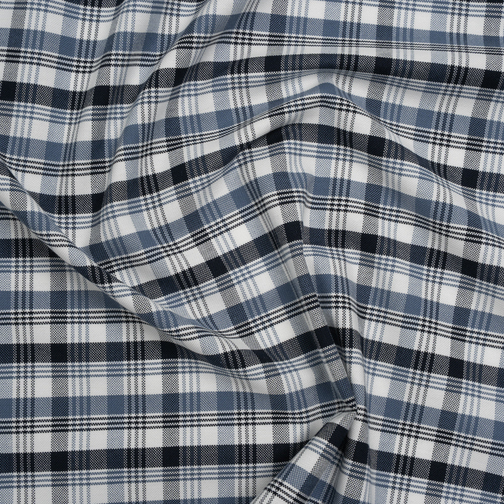Cotton Oxford Shirting - Midnight Blue, Country Blue and White Plaid - Deadstock