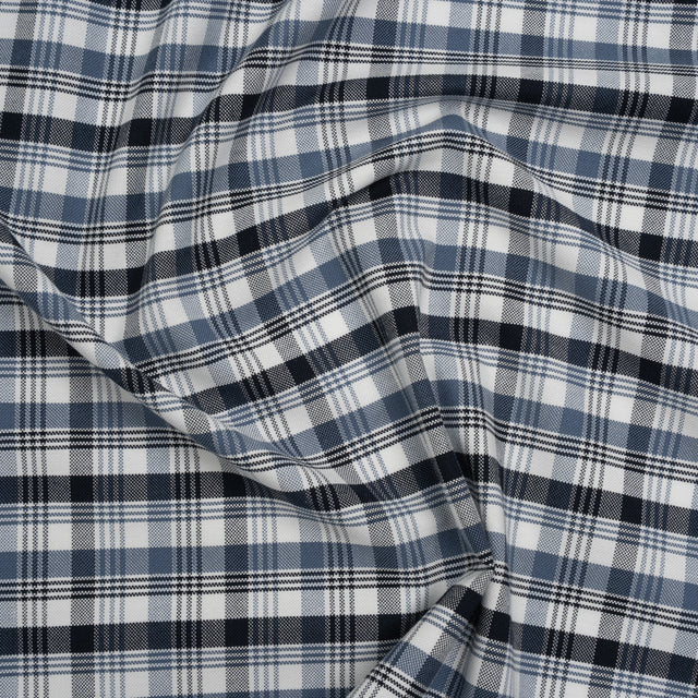 Cotton Oxford Shirting - Midnight Blue, Country Blue and White Plaid - Deadstock