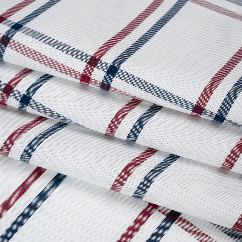 Cotton Oxford Shirting - White, Navy and Dark Red Open Plaid - Deadstock Folded