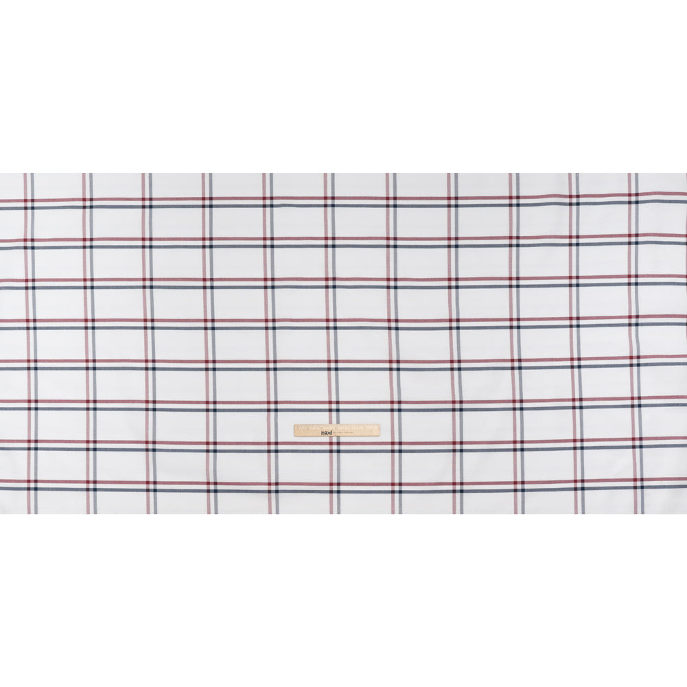 Cotton Oxford Shirting - White, Navy and Dark Red Open Plaid - Deadstock Full