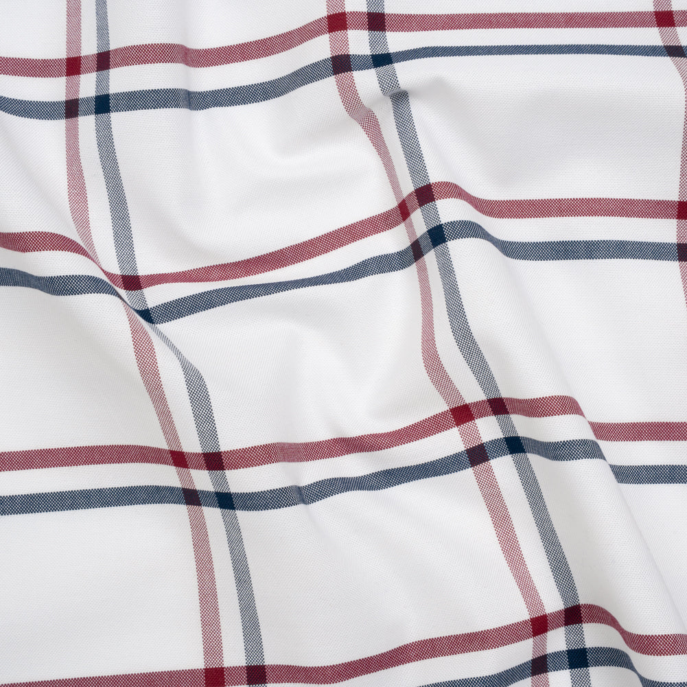 Cotton Oxford Shirting - White, Navy and Dark Red Open Plaid - Deadstock