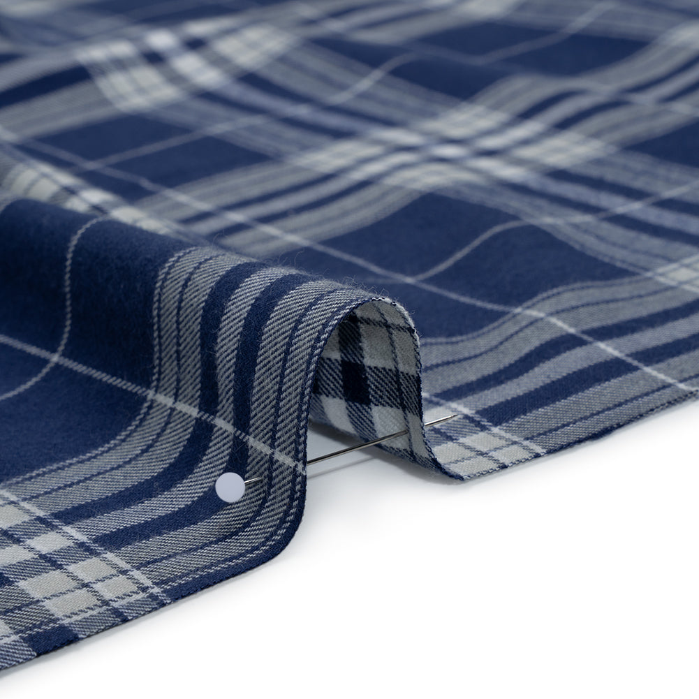 Lightweight Cotton Flannel Twill - Dark Blue, Pale Gray and White Plaid - Deadstock Detail