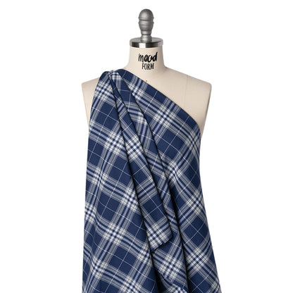 Lightweight Cotton Flannel Twill - Dark Blue, Pale Gray and White Plaid - Deadstock Drape