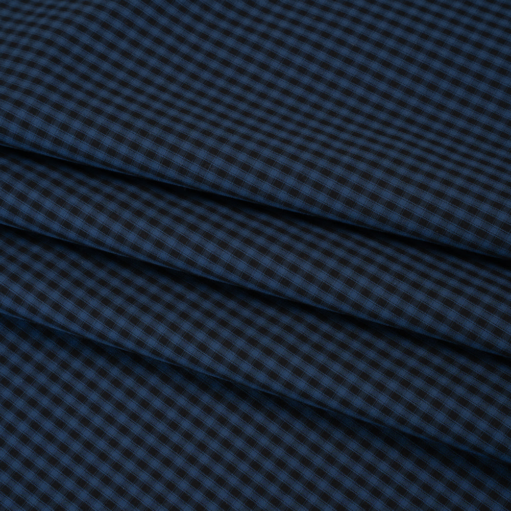 Cotton Shirting - Dark Blue and Black Check Plaid - Deadstock - Folded