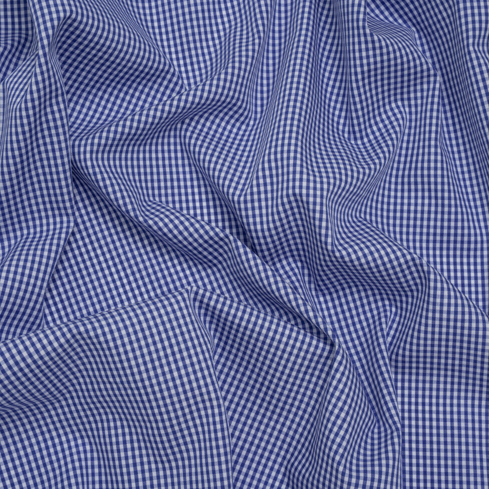 Cotton Gingham Shirting - Cobalt Blue and White Tiny Checks - Deadstock