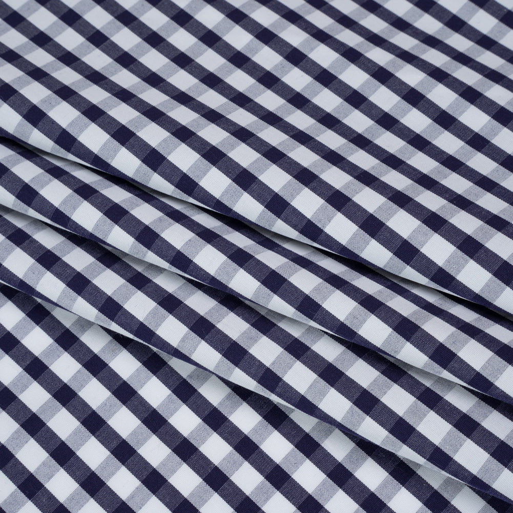 Cotton Shirting - Navy Blue and White Checks - Deadstock - Folded