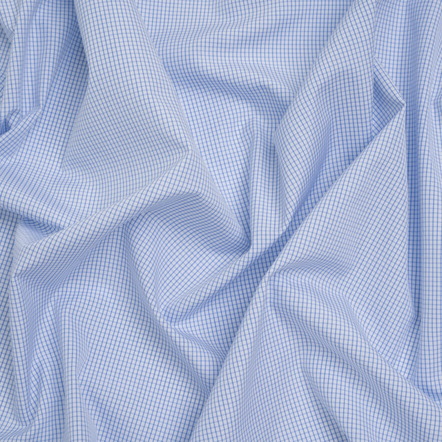 Cotton Shirting - Light Blue and White Little Windowpane Checks - Designer Deadstock