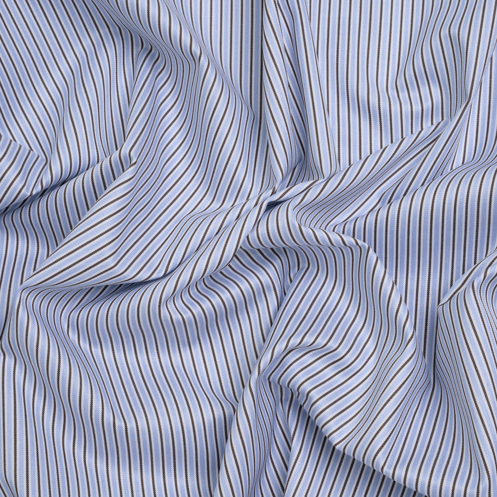 Cotton Twill Shirting - Light Blue, Brown and White Stripes - Deadstock