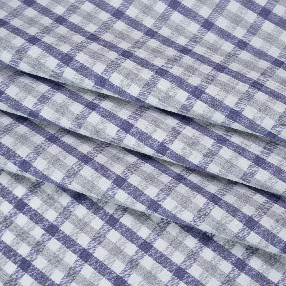Cotton Herringbone Twill Shirting - Blue, Gray and White Tattersall Check - Deadstock Folded