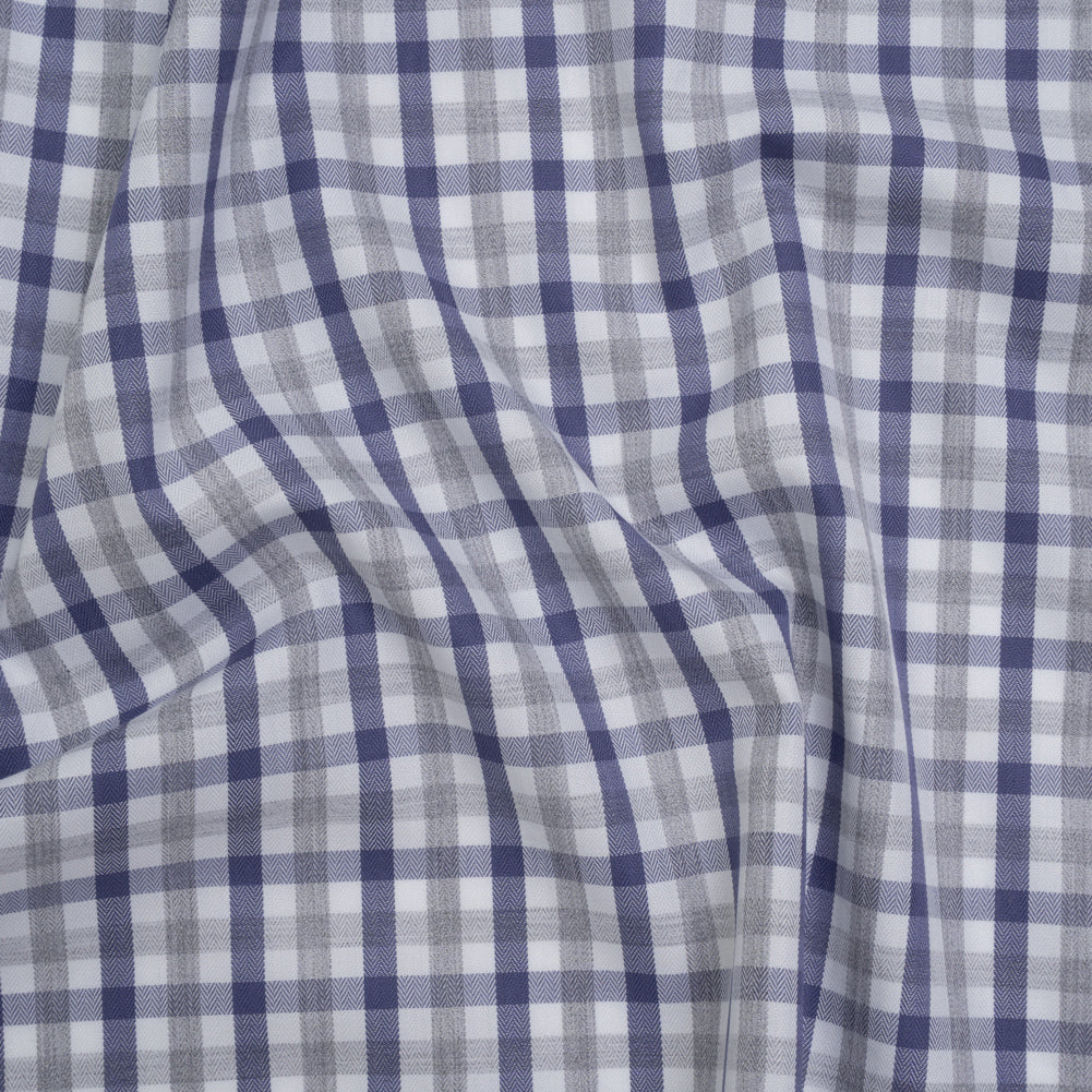 Cotton Herringbone Twill Shirting - Blue, Gray and White Tattersall Check - Deadstock