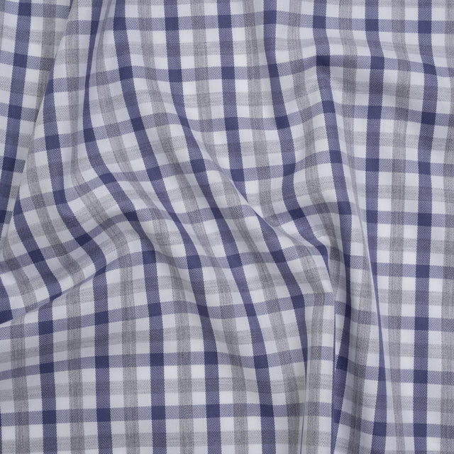 Cotton Herringbone Twill Shirting - Blue, Gray and White Tattersall Check - Deadstock