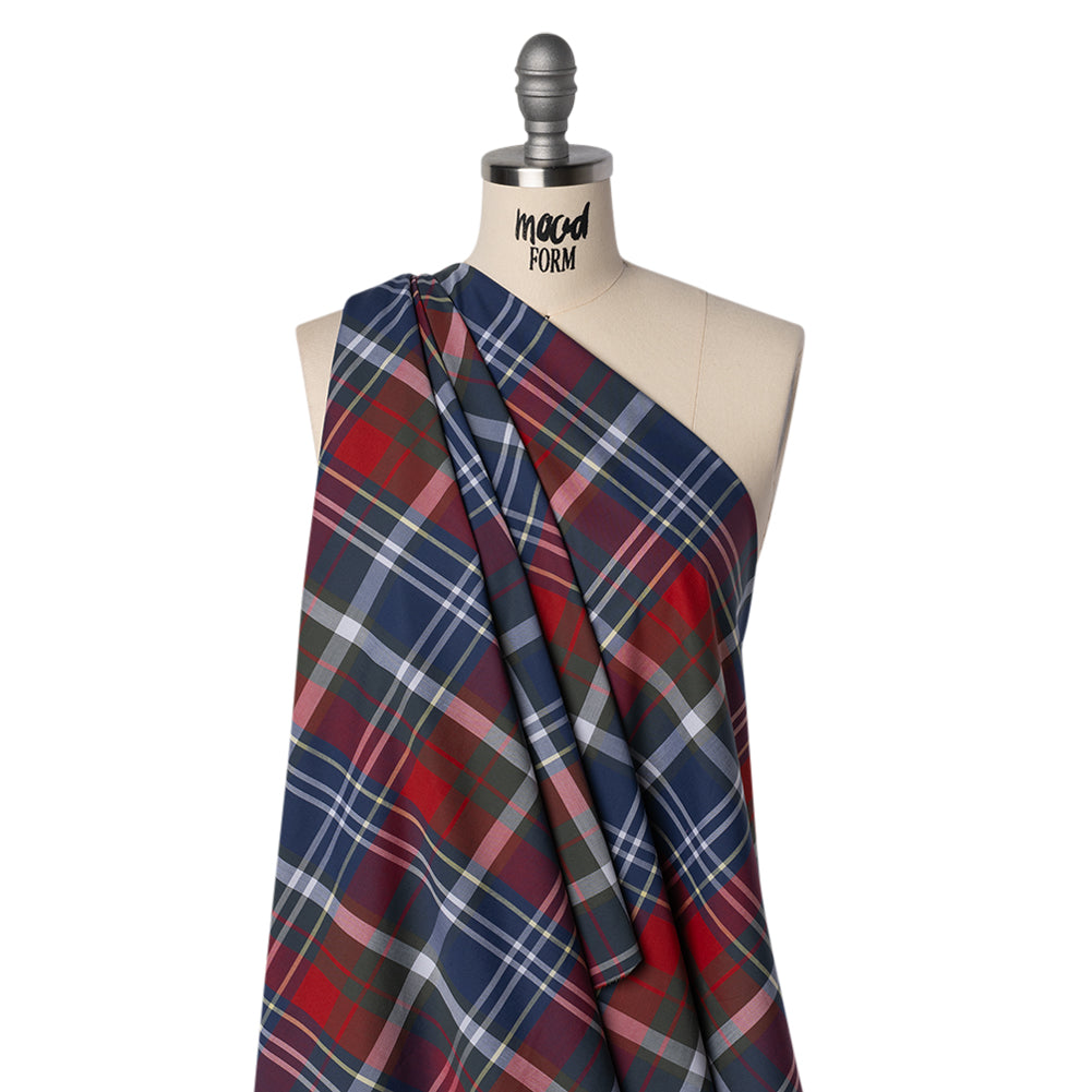 Cotton Shirting - Blue, Red and Olive Green Plaid - Designer Deadstock Drape