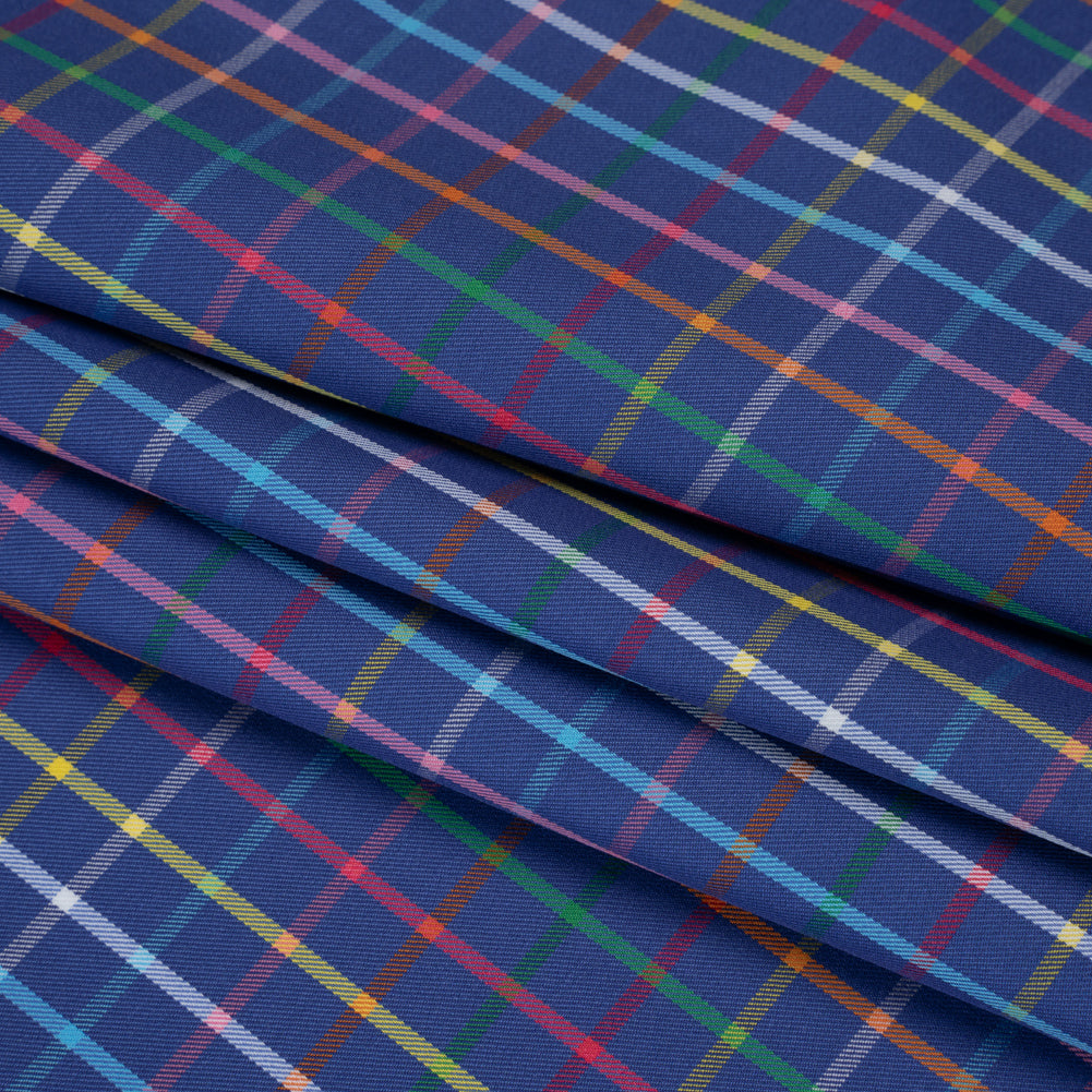 Cotton Twill Shirting - Blue and Rainbow Windowpane Checks - Deadstock