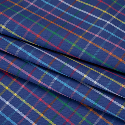Cotton Twill Shirting - Blue and Rainbow Windowpane Checks - Deadstock