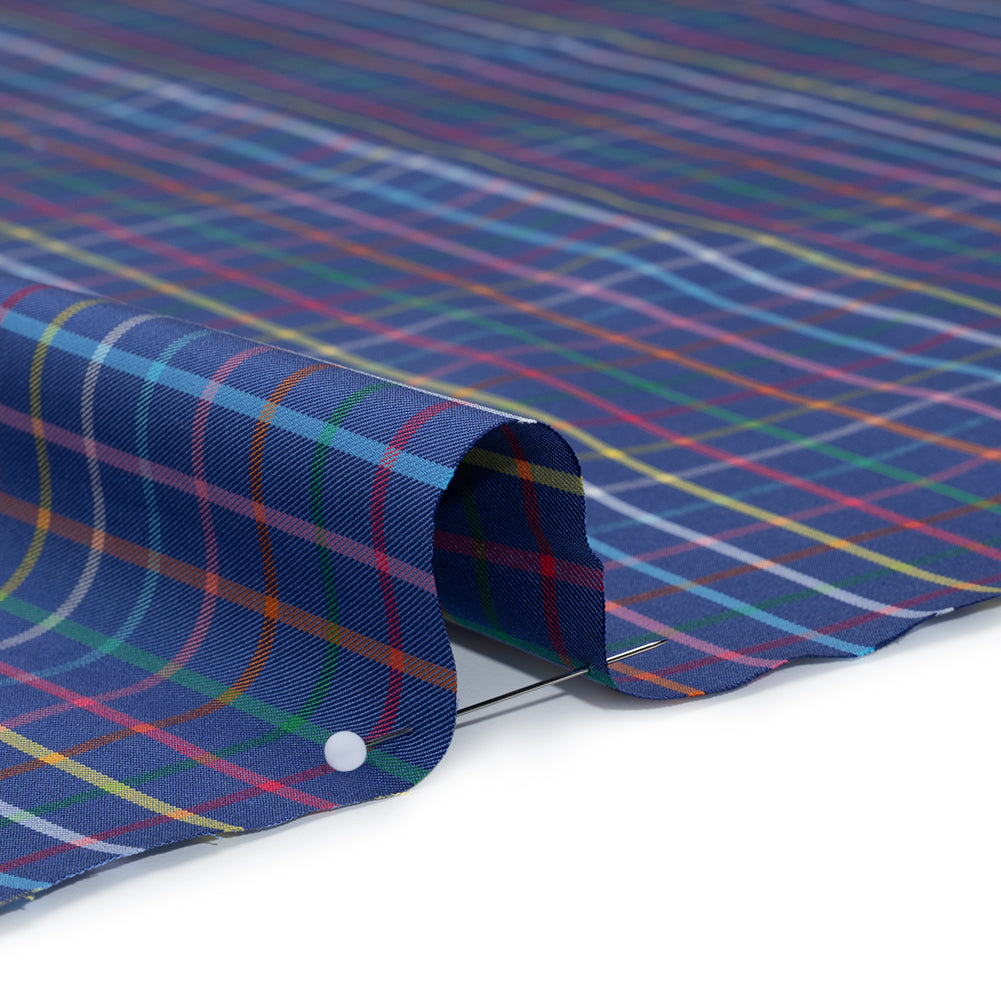 Cotton Twill Shirting - Blue and Rainbow Windowpane Checks - Deadstock