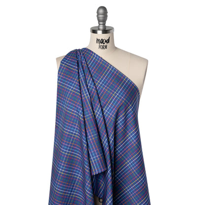 Cotton Twill Shirting - Blue and Rainbow Windowpane Checks - Deadstock