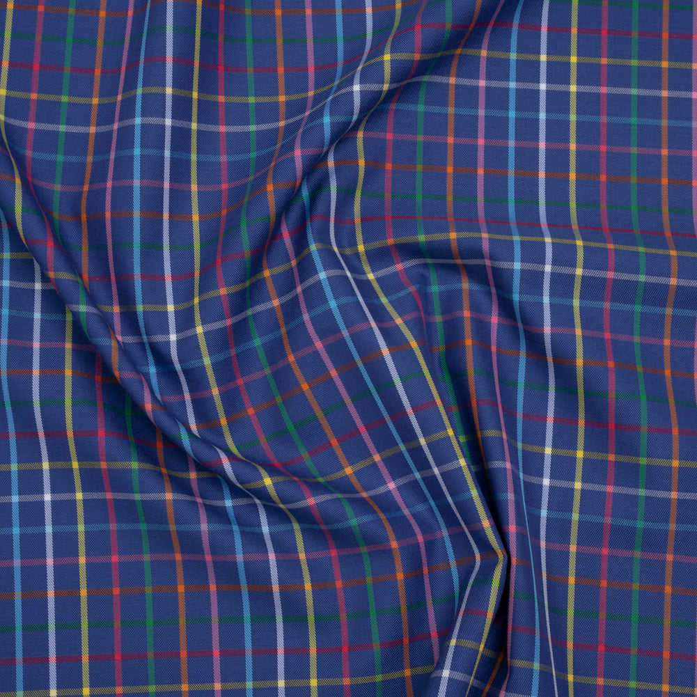 Cotton Twill Shirting - Blue and Rainbow Windowpane Checks - Deadstock