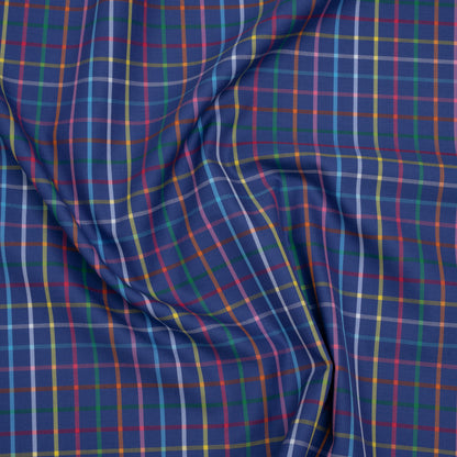 Cotton Twill Shirting - Blue and Rainbow Windowpane Checks - Deadstock