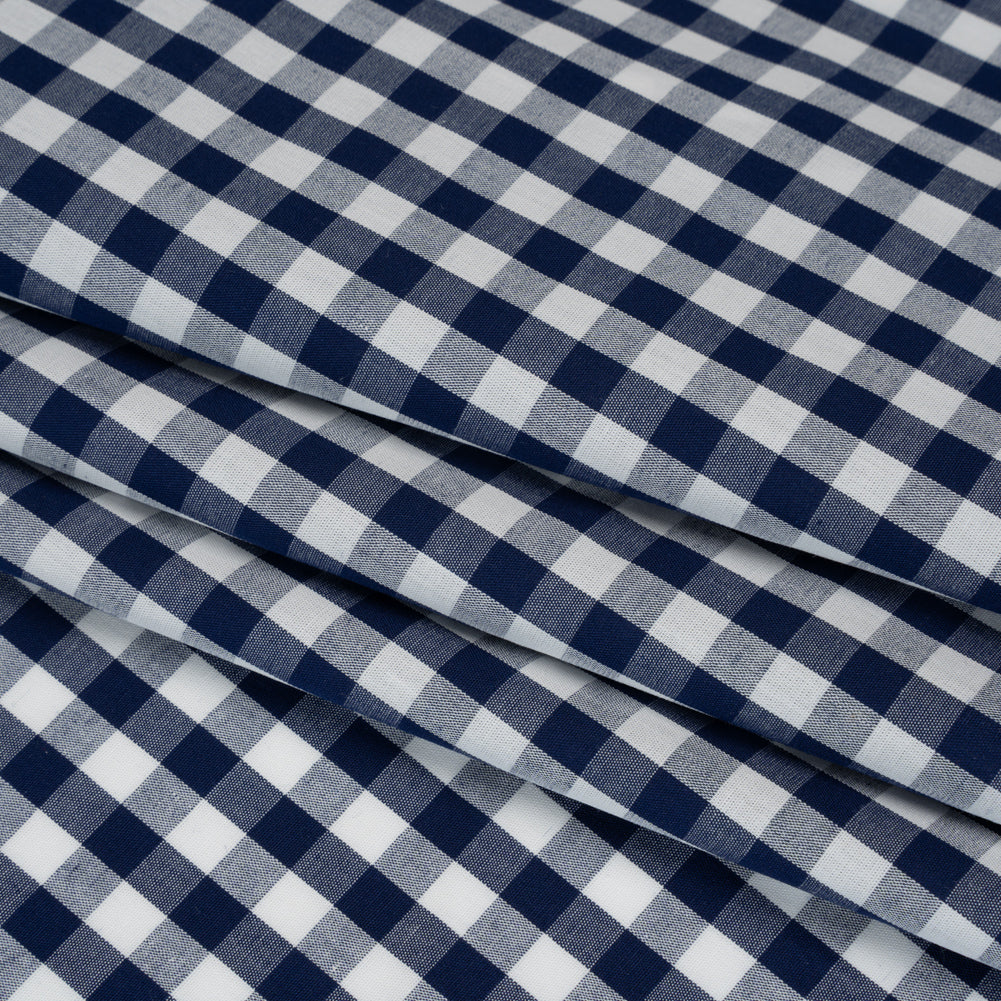 Cotton Gingham Shirting - Dark Teal Blue and White Checks - Deadstock - Folded