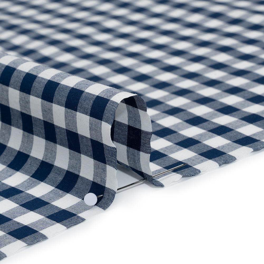 Cotton Gingham Shirting - Dark Teal Blue and White Checks - Deadstock - Detail