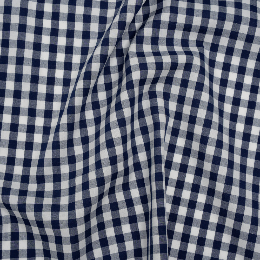 Cotton Gingham Shirting - Dark Teal Blue and White Checks - Deadstock