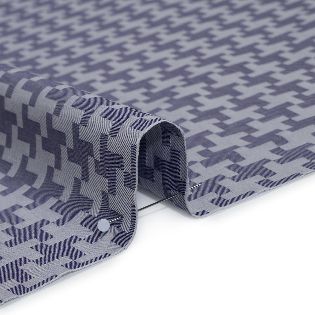 Cotton Twill Shirting - Dark Blue and White Geometric Pinwheels - Deadstock