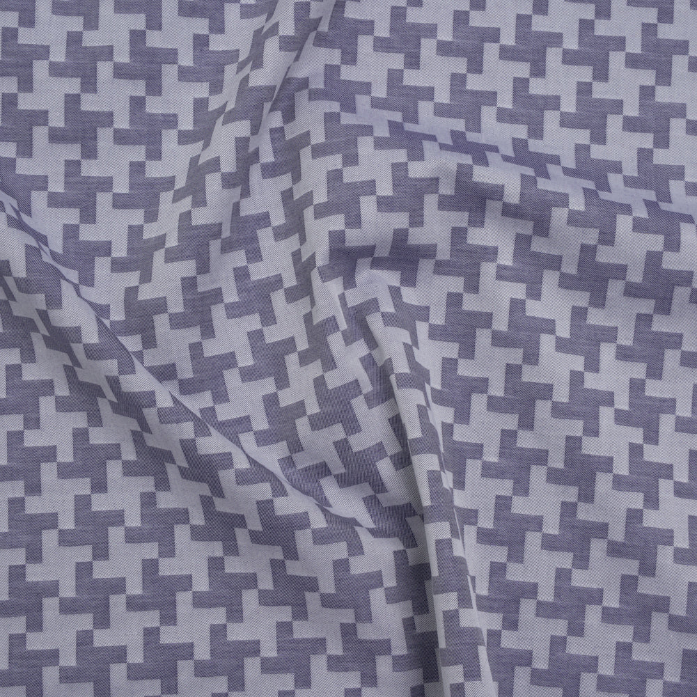 Cotton Twill Shirting - Dark Blue and White Geometric Pinwheels - Deadstock