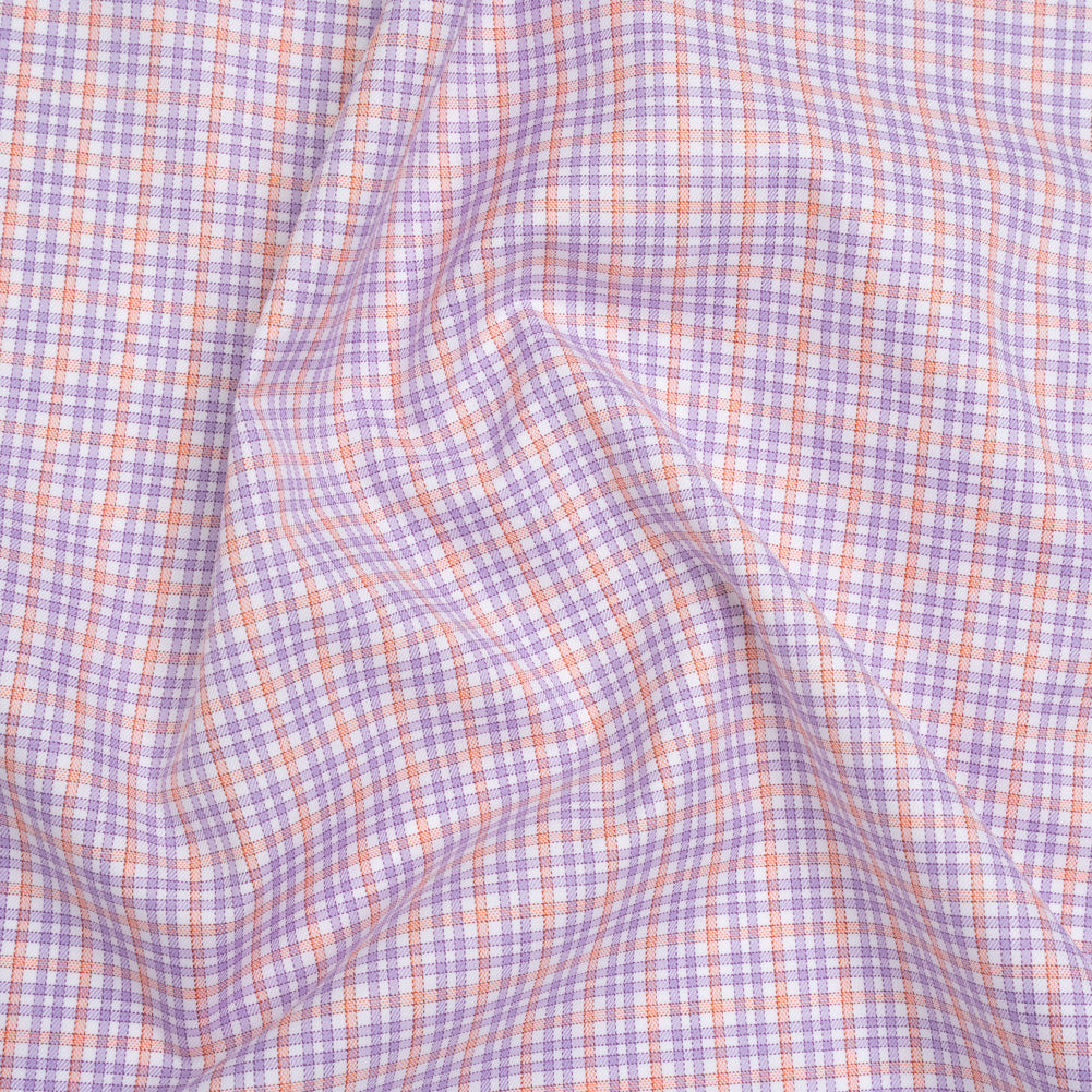 Cotton Twill Shirting - Light Purple, Peachy Orange and White Checks - Designer Deadstock