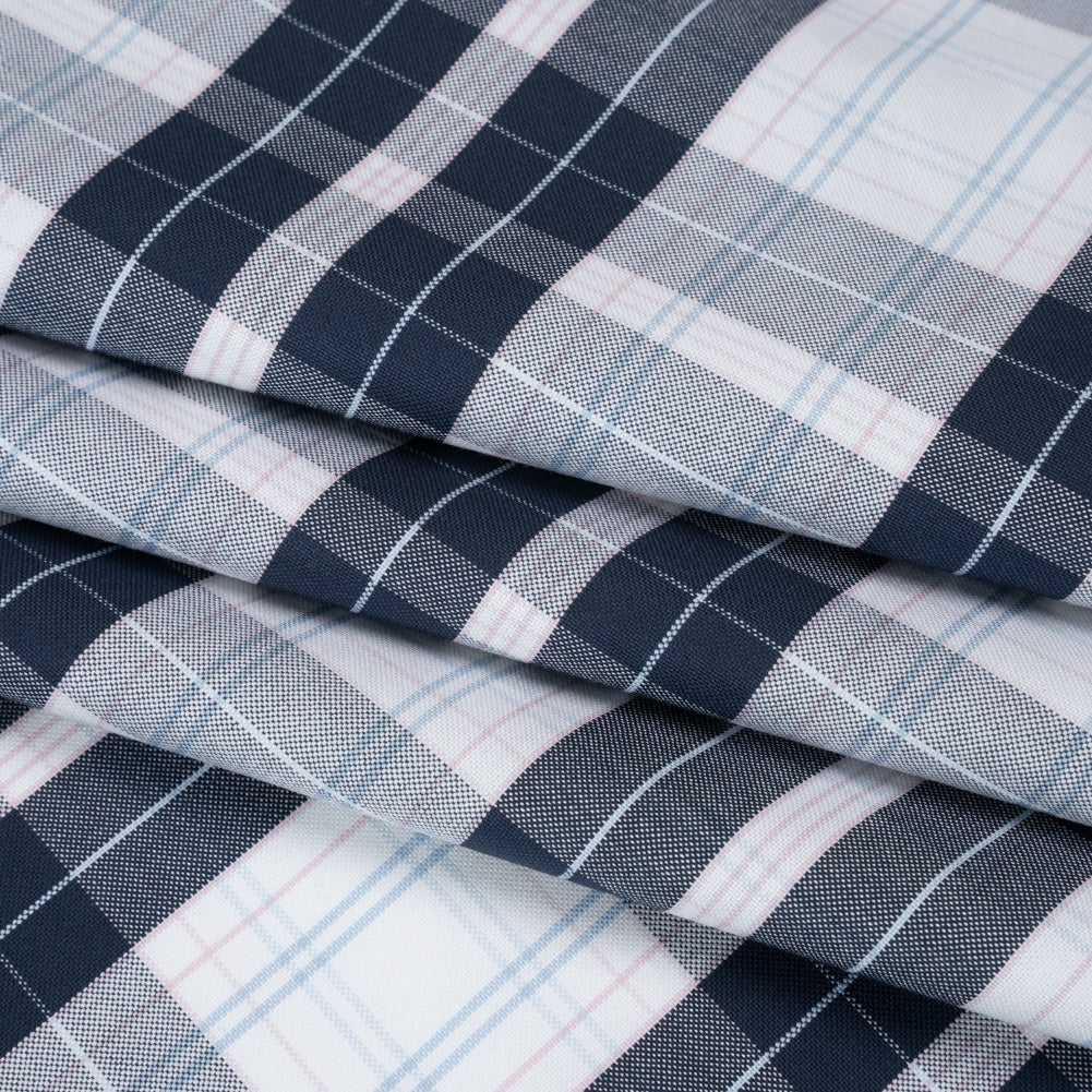 Cotton Oxford Shirting - Navy, Light Blue and Pale Pink Plaid - Deadstock - Folded