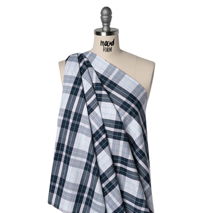 Cotton Oxford Shirting - Navy, Light Blue and Pale Pink Plaid - Deadstock
