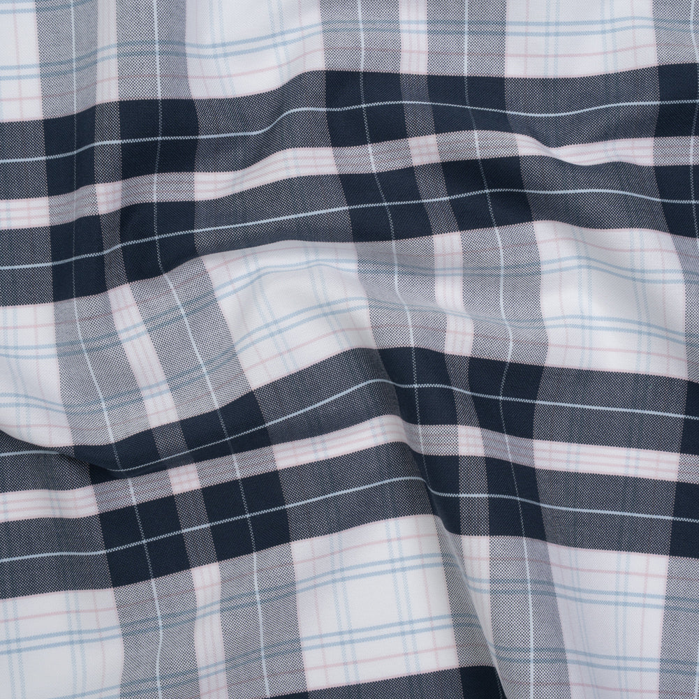 Cotton Oxford Shirting - Navy, Light Blue and Pale Pink Plaid - Deadstock