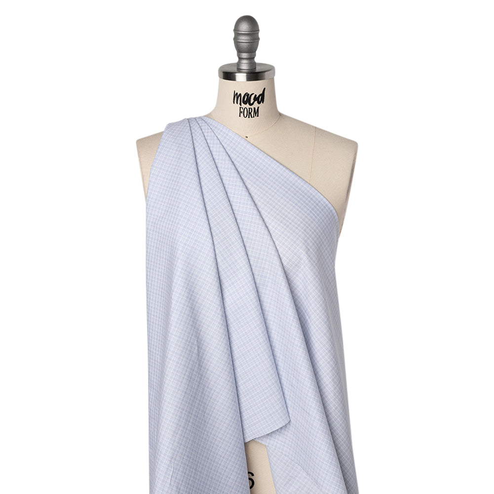 Cotton Twill Shirting - Pale Blue, Navy and White Plaid - Deadstock - Drape