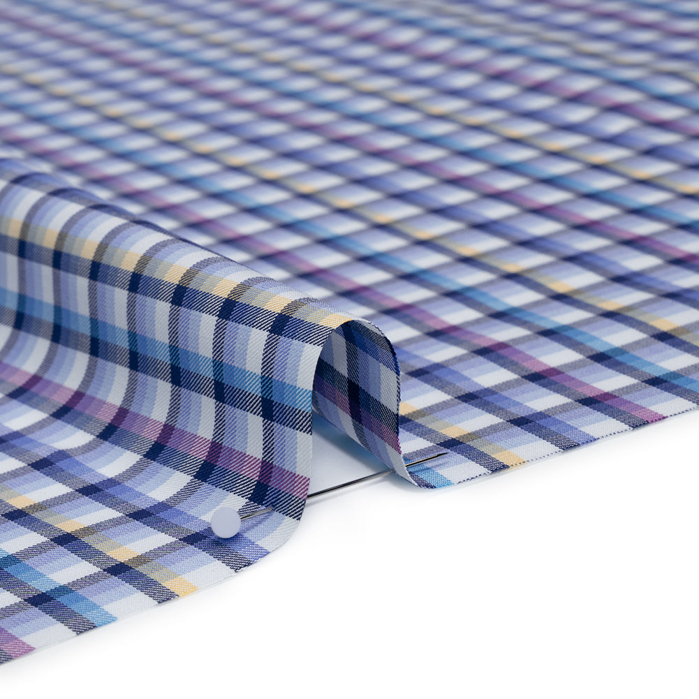 Cotton Twill Shirting - Blue, Magenta and Yellow Plaid - Deadstock Detail