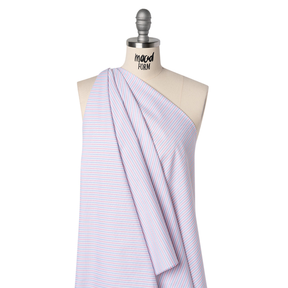 Cotton Oxford Shirting - Pale Blue, Baby Pink and White Candy Stripes - Deadstock - Drape