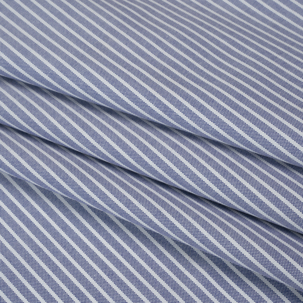 Cotton Oxford Shirting - Dark Blue and White Stripes - Designer Deadstock