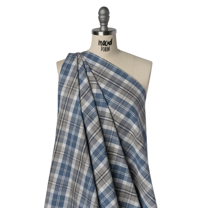 Cotton Oxford Shirting - Country Blue, Steel Gray and Midnight Plaid - Deadstock