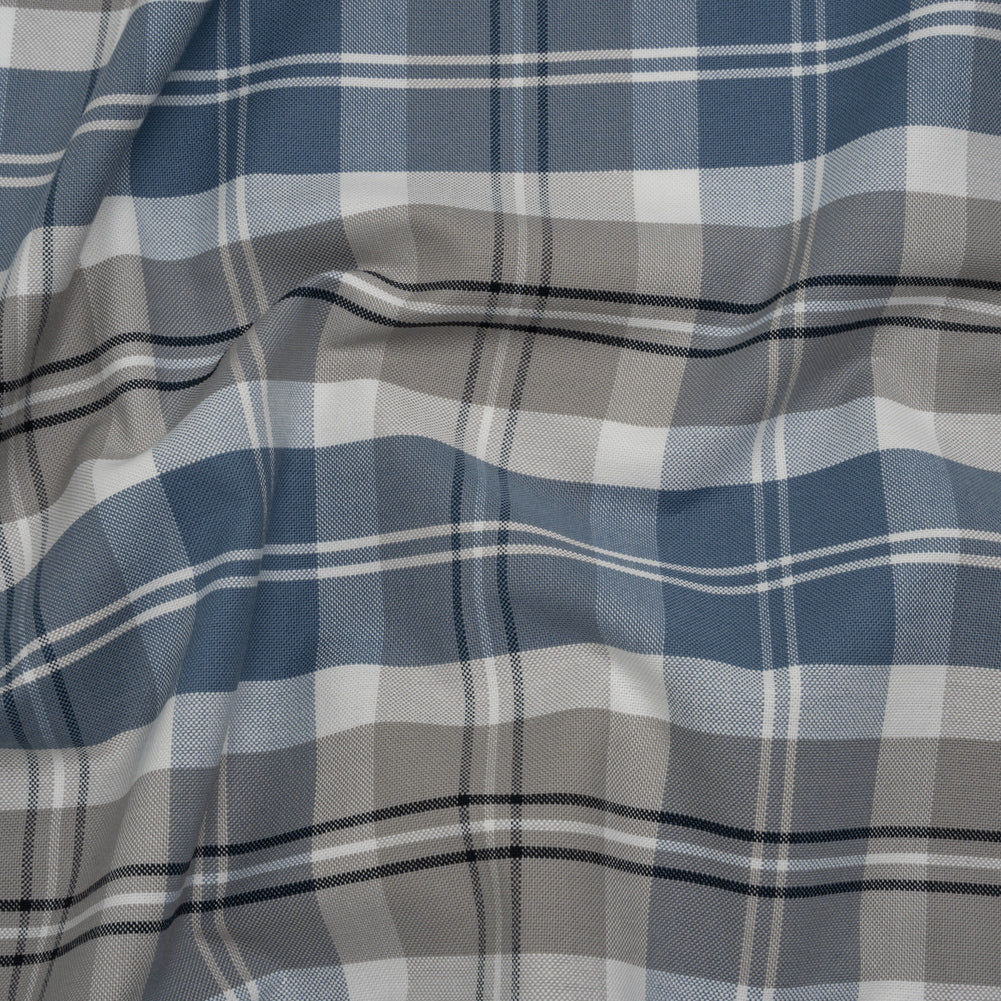 Cotton Oxford Shirting - Country Blue, Steel Gray and Midnight Plaid - Deadstock