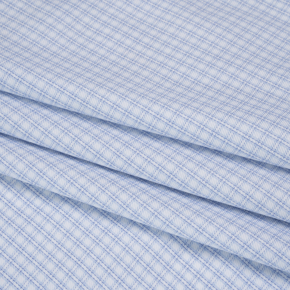 Cotton Twill Shirting - Sky, Medium Blue and White Checked Plaid - Deadstock