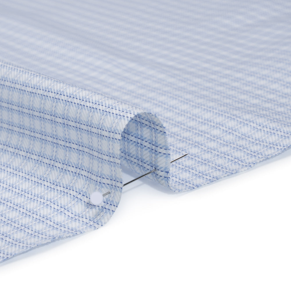 Cotton Twill Shirting - Sky, Medium Blue and White Checked Plaid - Deadstock