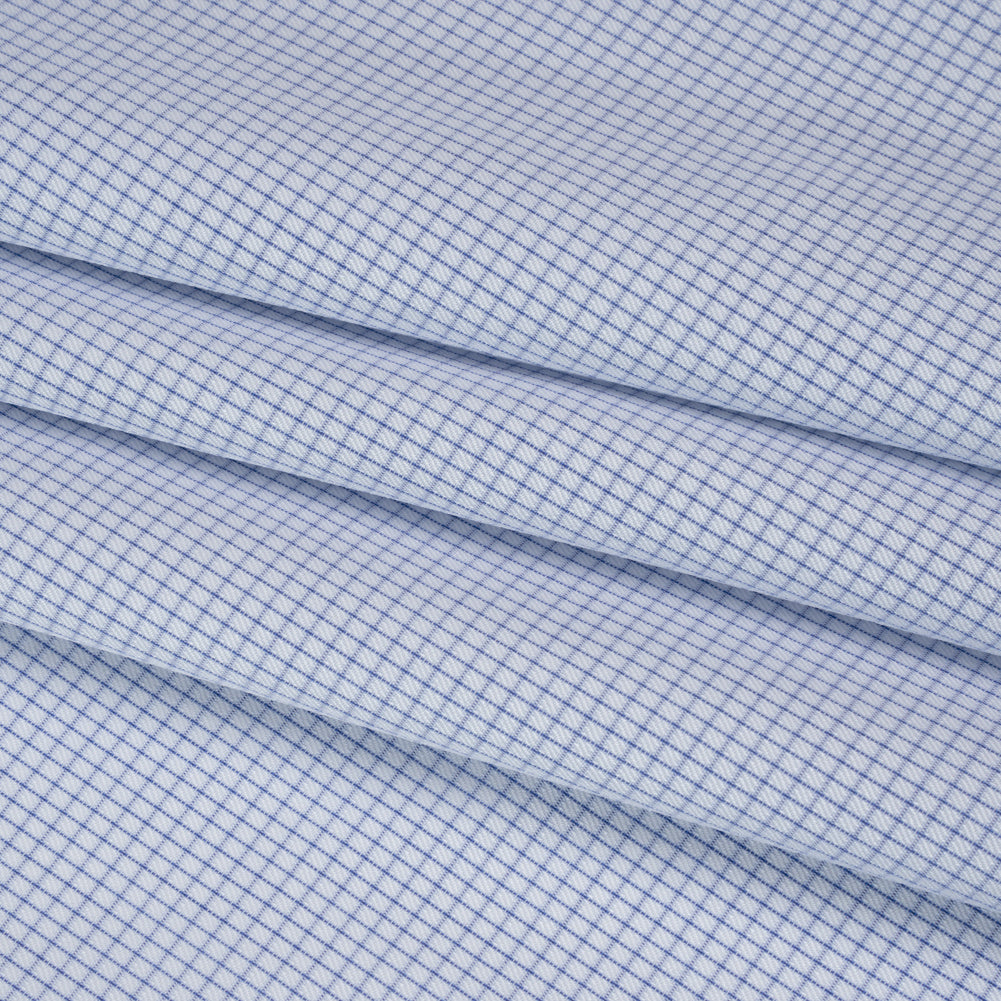 Cotton Twill Shirting - Cobalt Blue and White Mini Windowpane Check - Deadstock Folded
