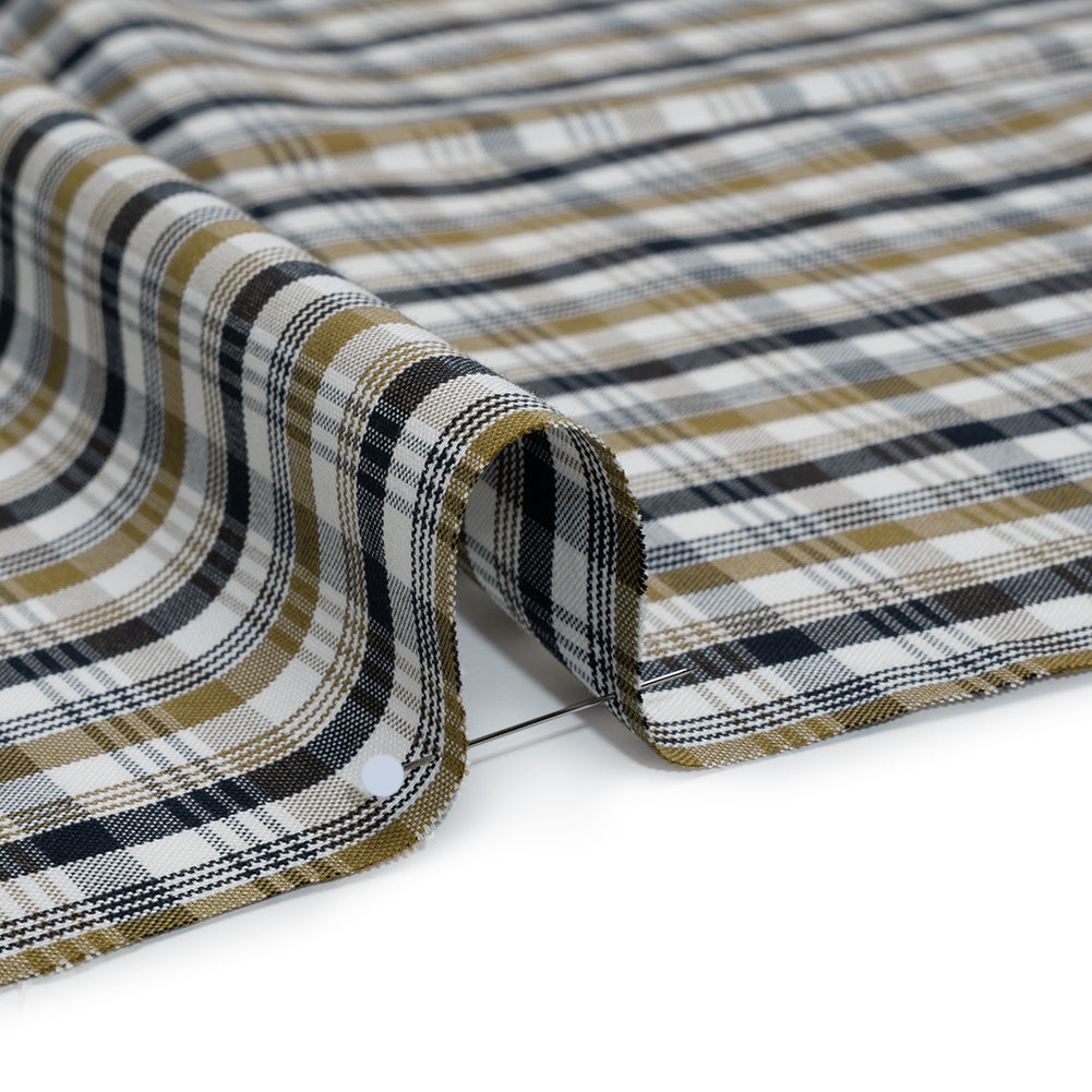 Cotton Oxford Shirting - Midnight Blue, Olive and White Plaid - Deadstock