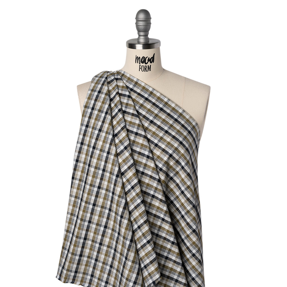 Cotton Oxford Shirting - Midnight Blue, Olive and White Plaid - Deadstock