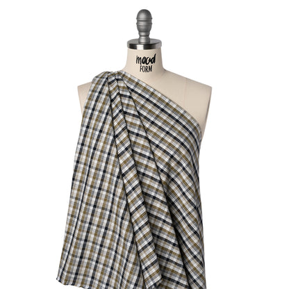Cotton Oxford Shirting - Midnight Blue, Olive and White Plaid - Deadstock