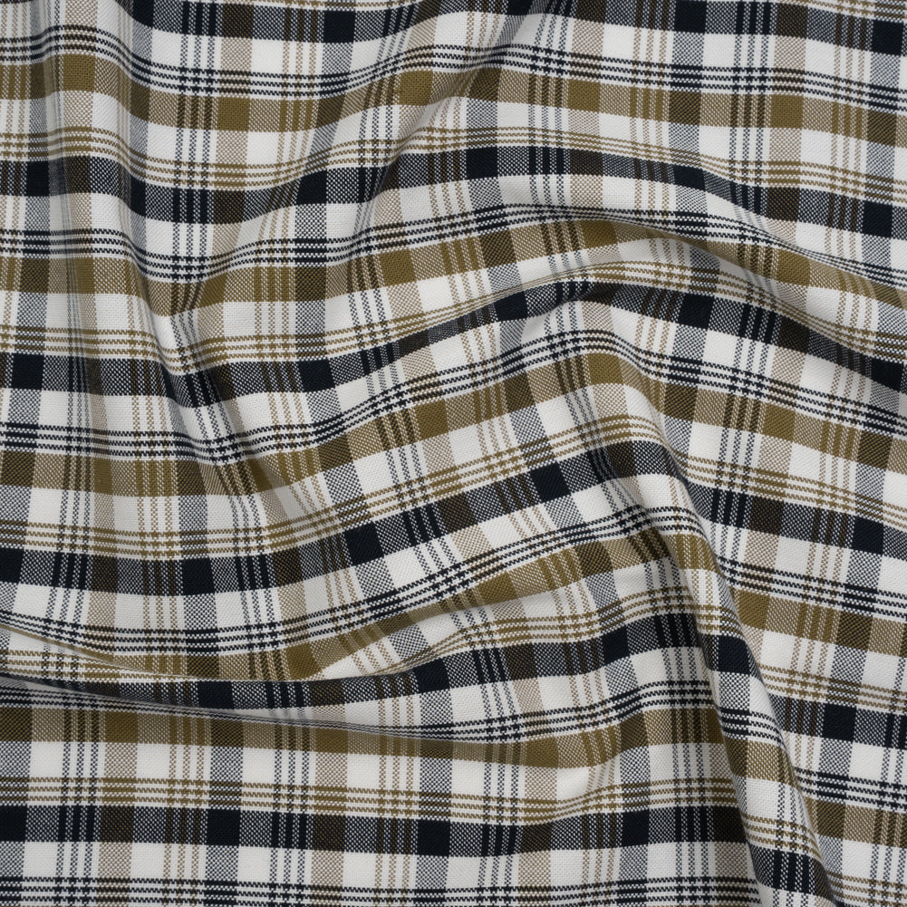 Cotton Oxford Shirting - Midnight Blue, Olive and White Plaid - Deadstock