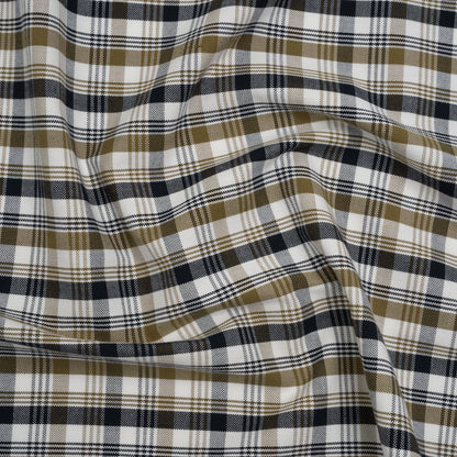 Cotton Oxford Shirting - Midnight Blue, Olive and White Plaid - Deadstock