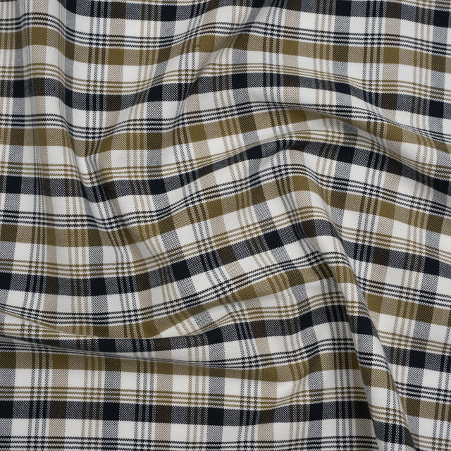 Cotton Oxford Shirting - Midnight Blue, Olive and White Plaid - Deadstock