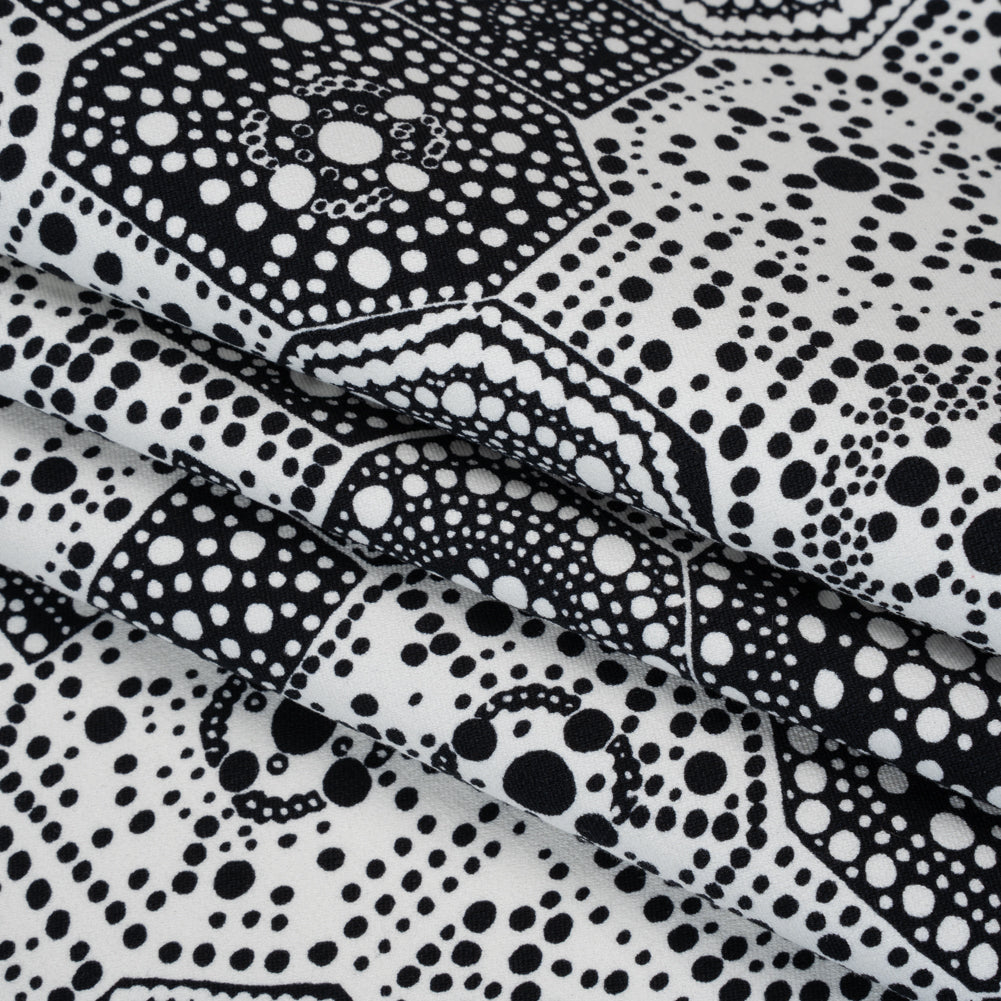 Stretch Cotton Twill Print by Trina Turk - Black and White Spotted Tiles - Designer Deadstock