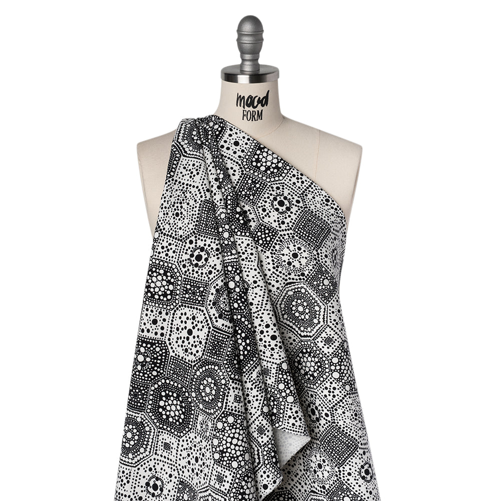 Stretch Cotton Twill Print by Trina Turk - Black and White Spotted Tiles - Designer Deadstock